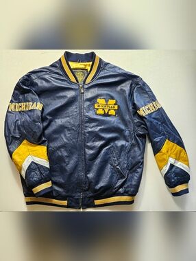 Michigan Leather Bomber Jacket - Navy & Maize